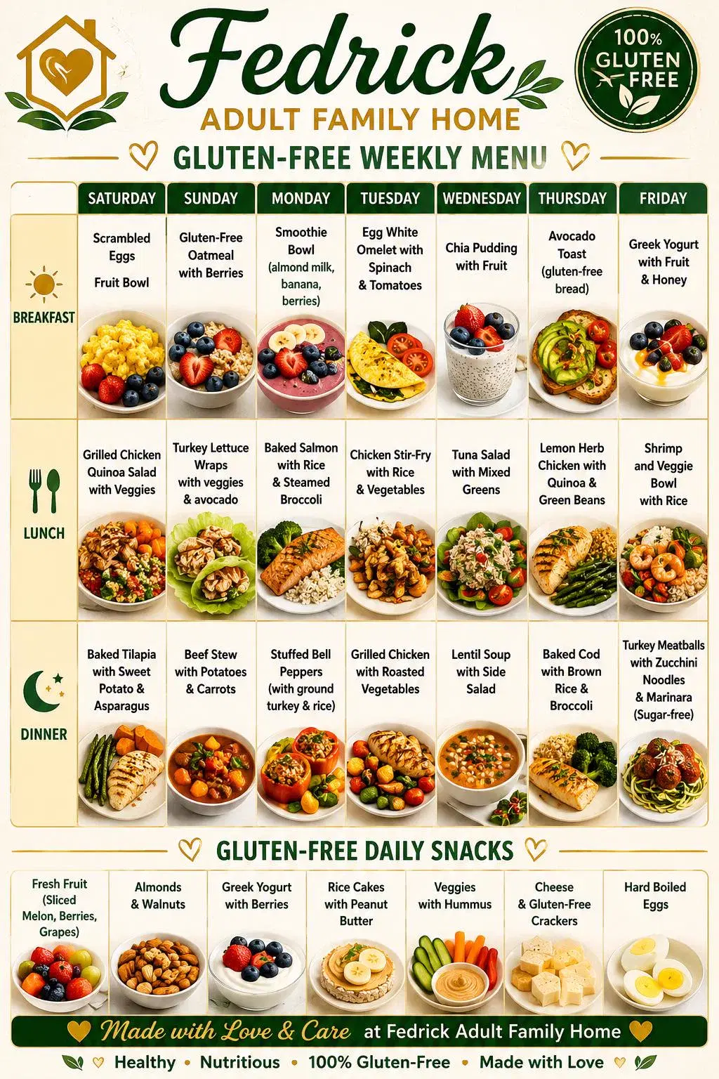 Fedrick Adult Family Home gluten-free weekly menu