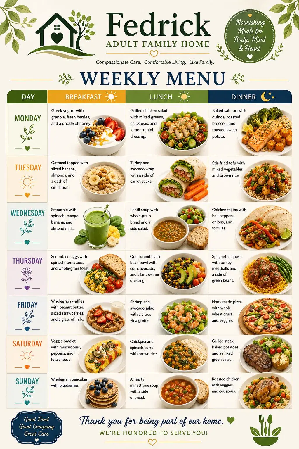 Fedrick Adult Family Home nutritious weekly meal plan