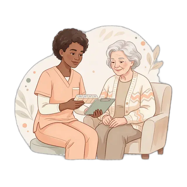 Caregiver coordinating a medication refill with a pharmacy