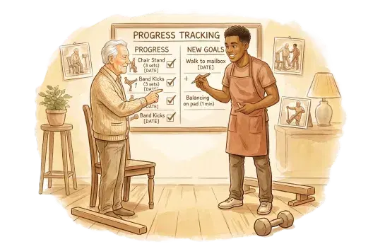 Caregiver reviewing rehabilitation progress notes