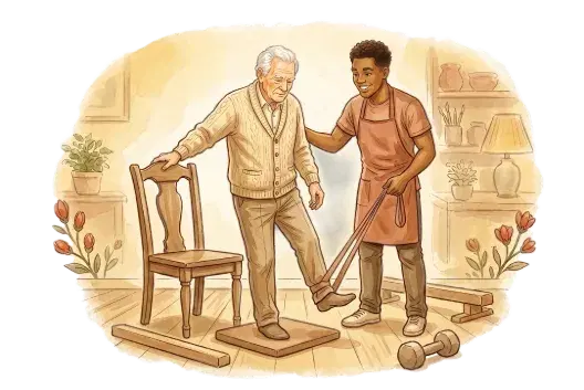 Senior resident doing balance exercises with a caregiver