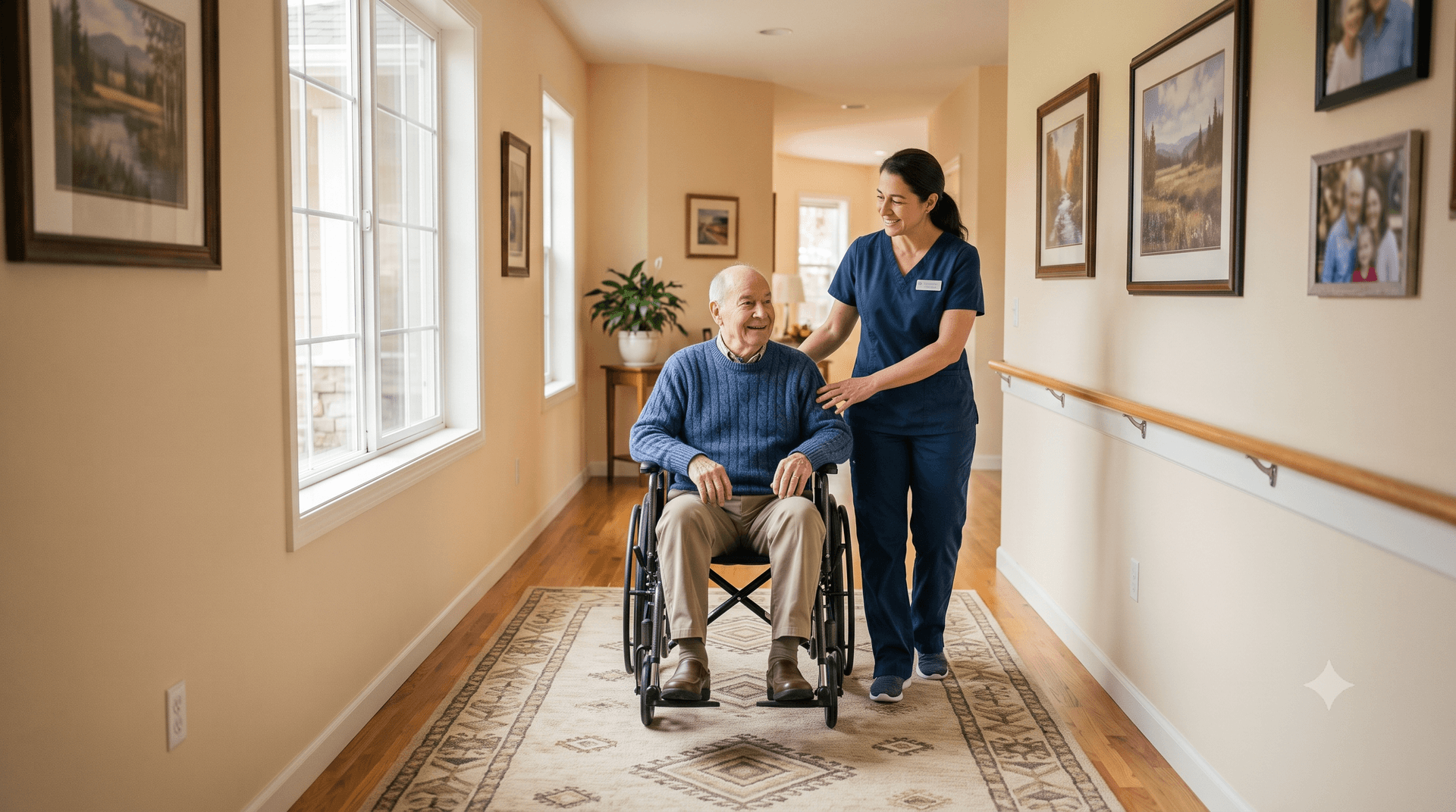 Senior resident completing rehabilitation exercises with support