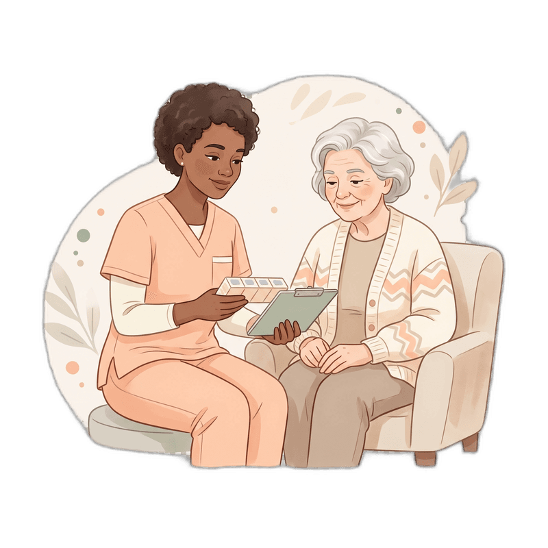 Caregiver coordinating a medication refill with a pharmacy