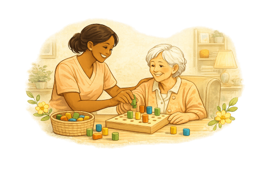 Occupational therapist helping a senior with daily tasks