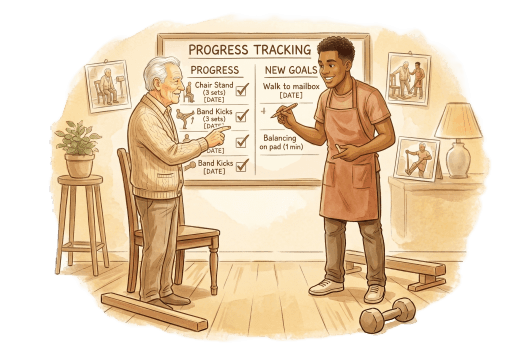 Caregiver reviewing rehabilitation progress notes