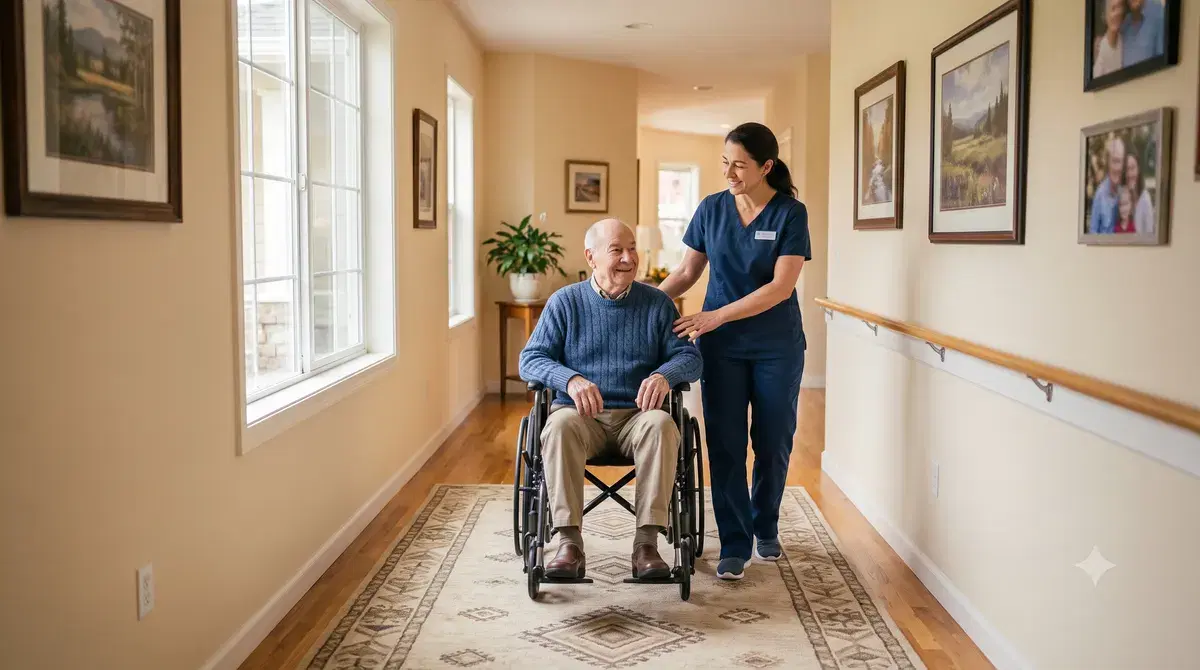 Senior resident completing rehabilitation exercises with support