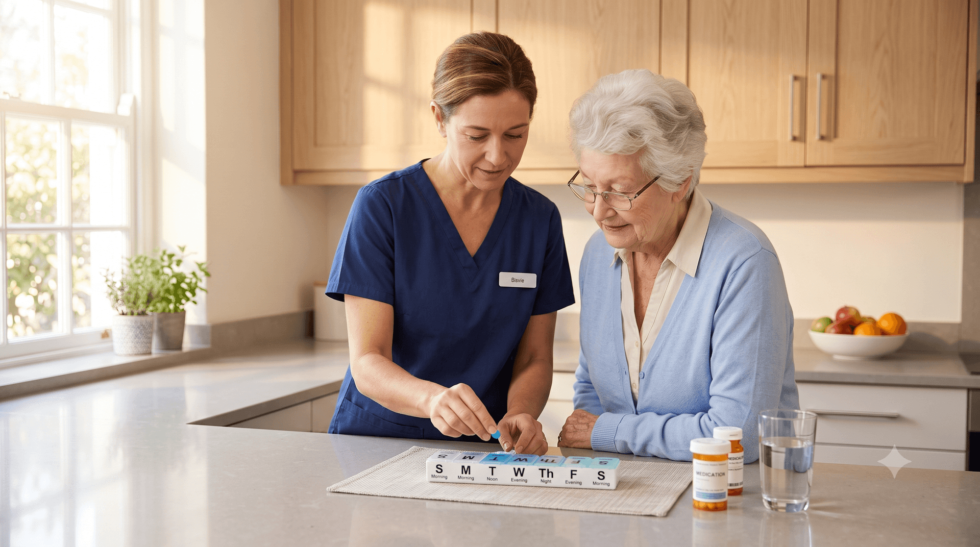 Caregiver organizing medications for a senior resident