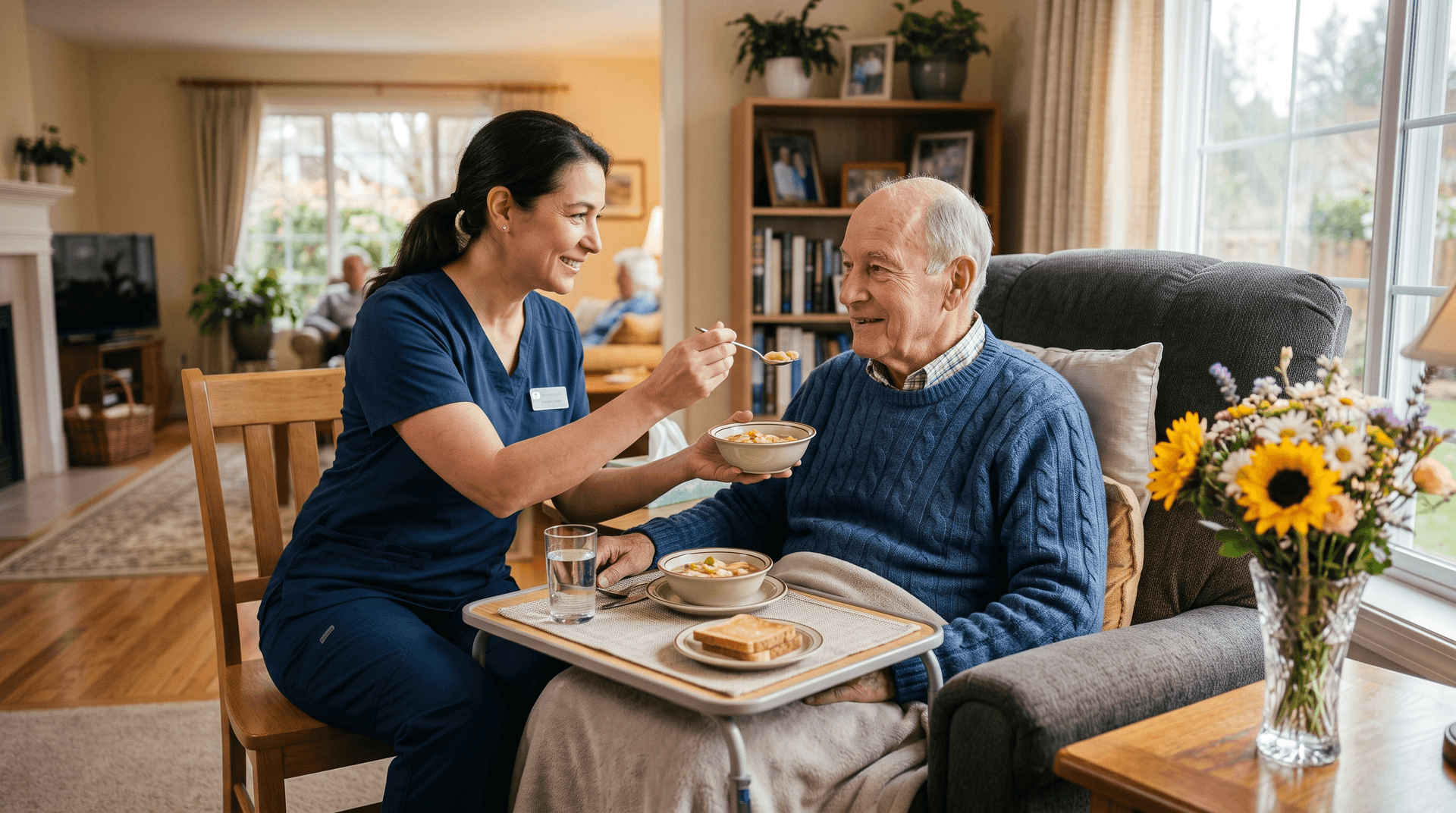 Caregiver supporting a senior during post-hospital recovery